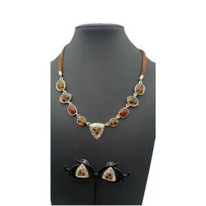 Silver Tone & Faux Tortoise Shell Fall Colors Necklace Leather Cord & Earrings